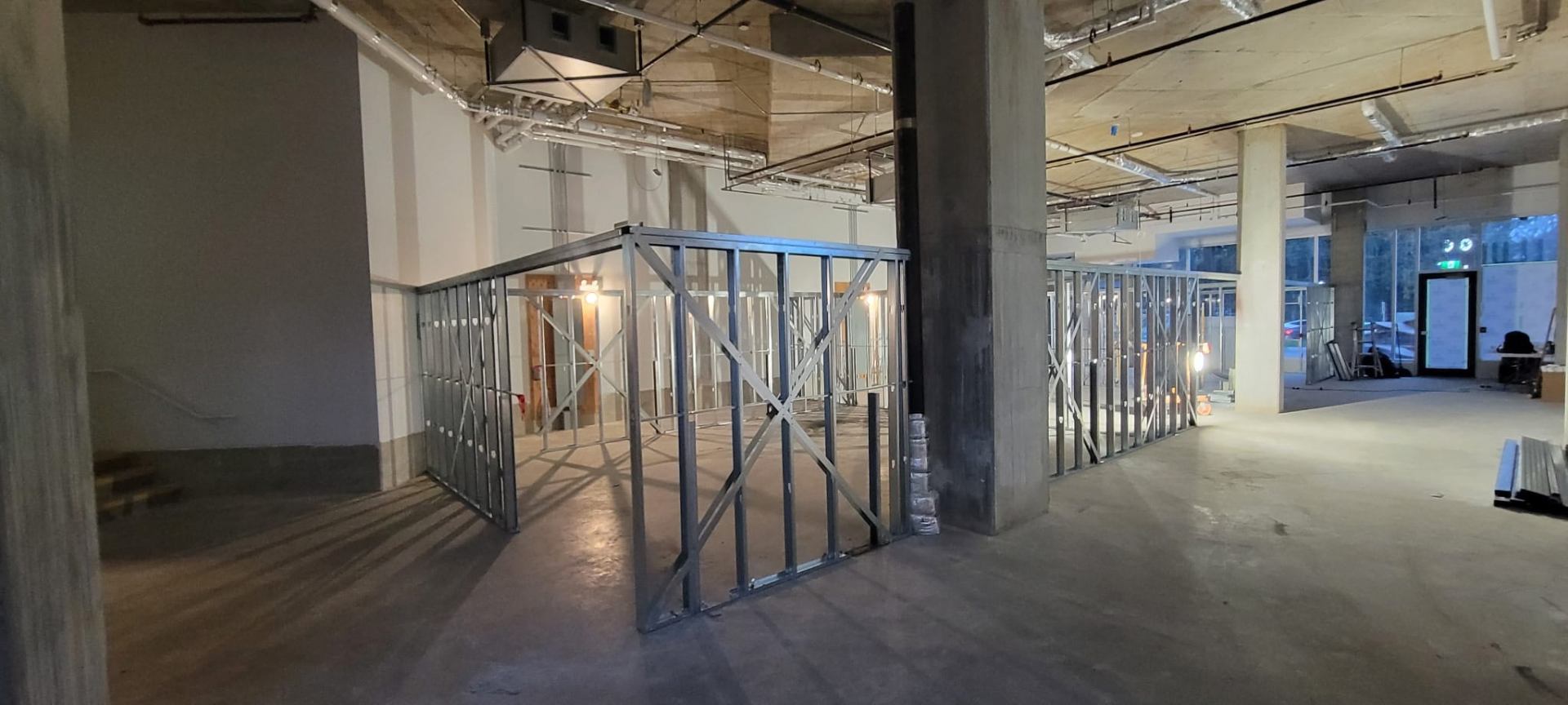 Interior partition framing taking shape inside the Sandbox VR Surrey space