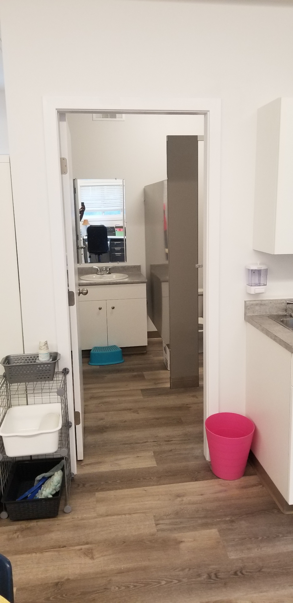 Institutional washroom entry with new laminate plank flooring