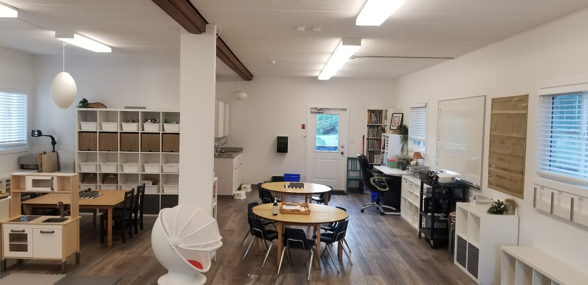 Classroom interior with new laminate flooring throughout
