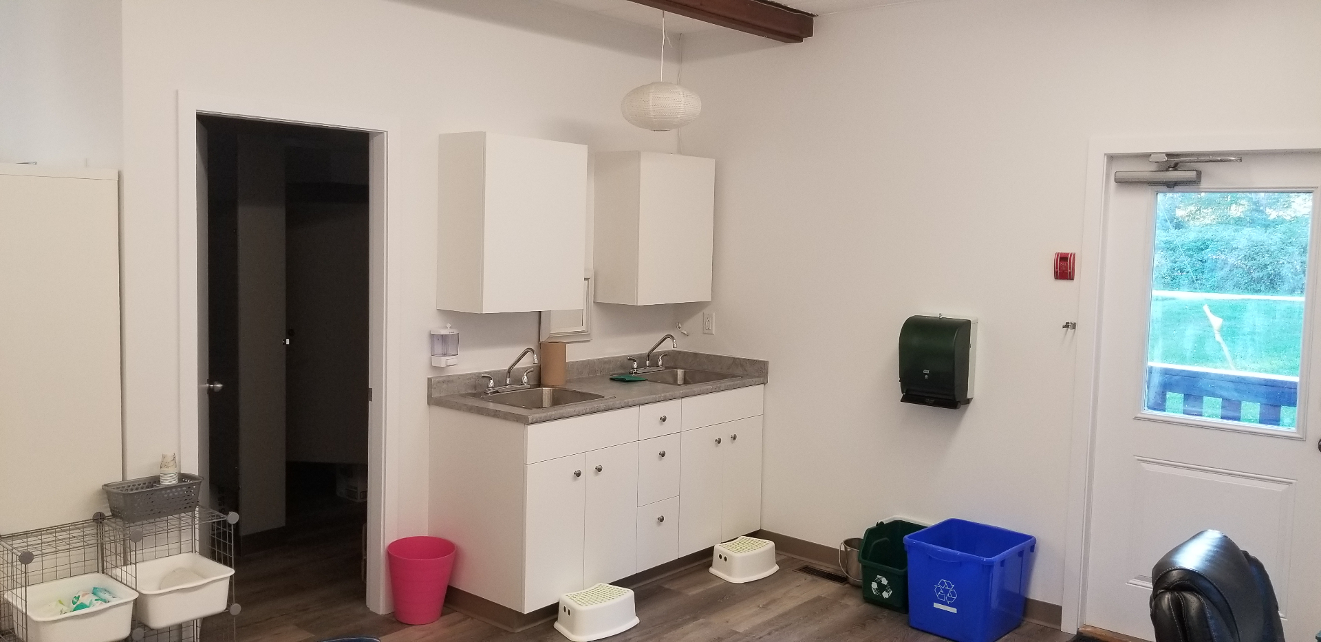 Renovated classroom interior with new sink area